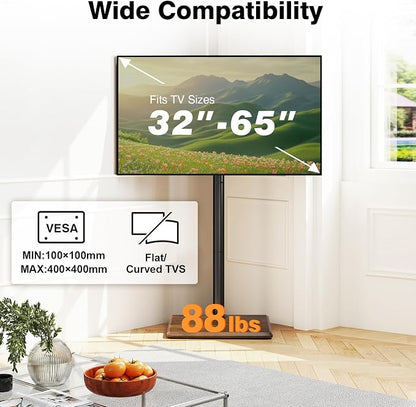 TVON Universal Floor TV Stand with Mount for Most 32-65 Inch TVs up to 88lbs, Height Adjustable TV Floor Stand with Wood Base for Space Saving (Rustic Brown, Wooden Base)