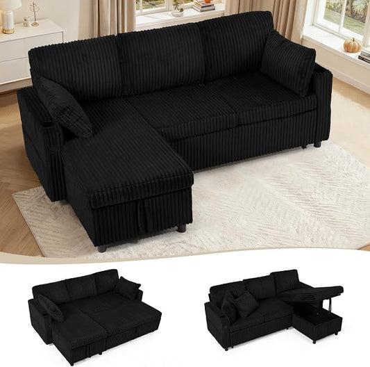 84" Corduroy Upholstered Sofa Bed w/Adjustable Backrests, Convertible Pull Out Sofa Bed w/USB Ports, L-Shape Sectional Sleeper Couch w/Cup Holder for Living Room,Apartment, Black