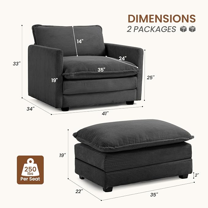 ROWHY Single Armchair with Ottoman, Modern Corduroy Cloud Couch with Convertible Chaise, Upholstered Sofa Set for Living Room and Office, Dark Grey