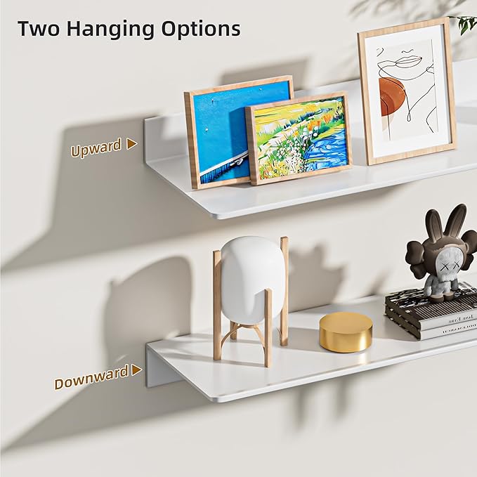 HNVNER 2-Piece Glossy White Metal Floating Shelves - Aluminum Alloy Wall Mounted Shelf No Drilling, Rust-Proof, 15.7" Width for Home Decor & Storage in Living Room, Bedroom, Bathroom