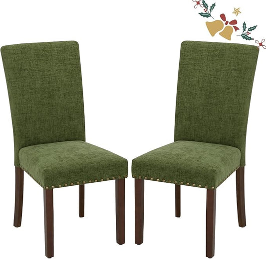 Parsons Dining Chairs Set of 2, Upholstered Nailhead Dining Room Kitchen Side Chair with Thick Cushions and Wood Legs, Green
