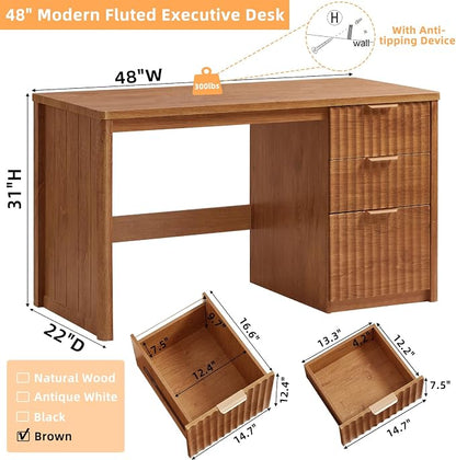 LEYAOYAO Office Desk 48" with 3 Drawers Storage File Cabinet Wood Fluted Desk for Computer Office Bedroom Home Furniture Tea Brown