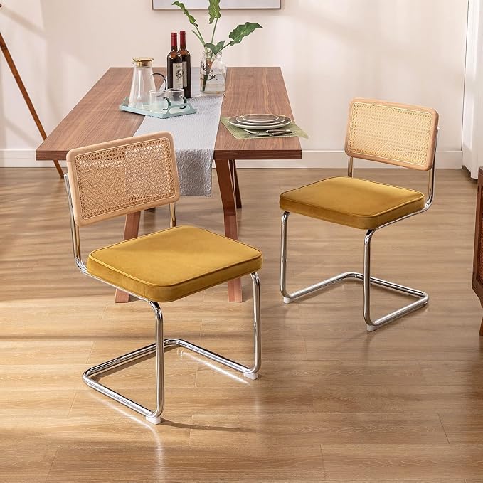 Zesthouse Natural Rattan Dining Chairs Set of 2, Modern Dining Room Chairs with Solid Wood Back for Kitchen Living Room, Mid Century Breuer Design Inspired, Upholstered Velvet Fabric, Yellow