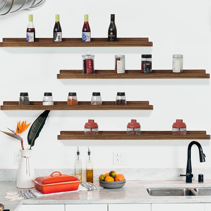 PHOENANCEE Long Floating Shelves 36 Inches Set of 4,Wood Picture Shelf for Wall with Ledge,Photo Frames Display Rustic for Living Room Bedroom Kids Nursery,Home Decor(Carbonized Black,36")