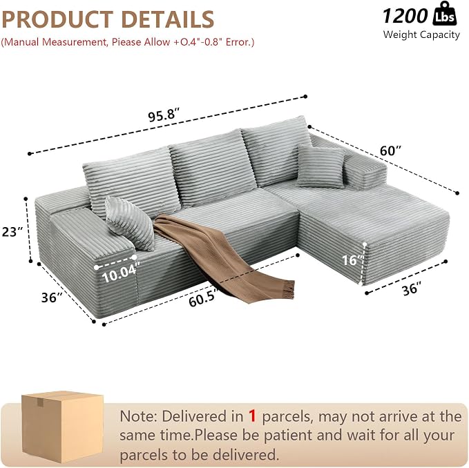 96" Modular Sectional Sofa, Modern Corduroy Cloud Couch with Deep Seat, Boneless Couch Upholstered 3-Seater L-Shaped Sofa for Living Room, No Assembly Required (Light Gray, Right-Facing Chaise)
