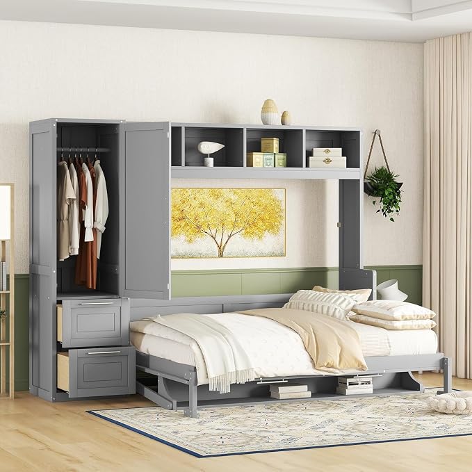 Virubi Full Murphy Bed with Wardrobe Closet,2 Drawer,4 Storage Open Shelves,Wood Folding Murphy Wall Bed Cabinet with Storage, Easy Assembly (Grey,Queen)