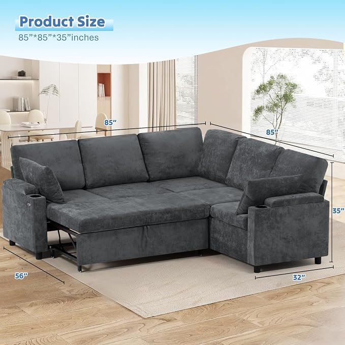 85" Chenille Sectional Sofa w/Pull Out Bed & Storage Space, Grey | Upholstery L Shaped Couch w/Cup Holders, Modern Corner Sofa w/USB Charging Port & Throw Pillow for Living Room