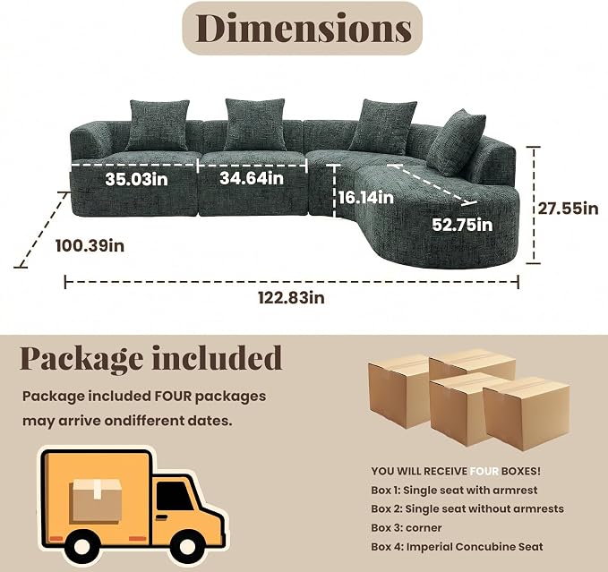 123" Curved Modular Sectional Sofa for Living Room, Oversized Chenille Cloud Couch, L-Shaped Boneless Sofa with Chaise Lounge, Compressed Couch Deep Seat, No Assembly (Green, L-Shape Right Chaise)