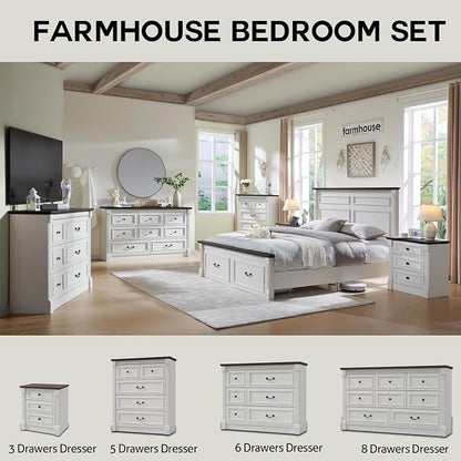 Aitjunz Farmhouse Queen Size Bed Frame with 51" Tall Headboard, Wood Platform Bed Frame with 20" Tall Roman Column Decoration Footboard & 2 Large Storage Drawers, No Box Spring Needed (White)