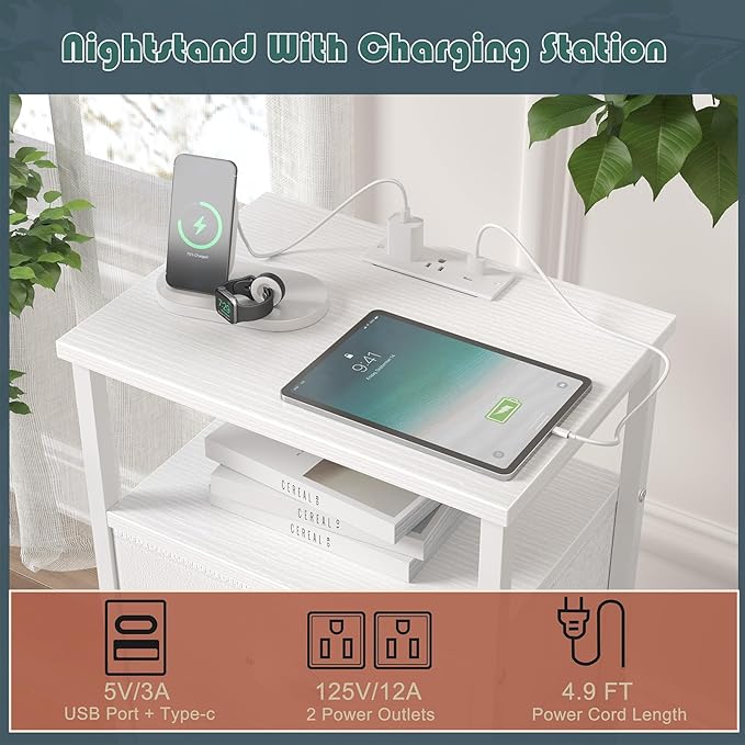 sthmec Nightstand with Charging Station,LED White Nightstands with 5 Fabric Drawers PU Finish, Bedside End Tables, 2-Tier Open Storage Shelf Side Table Nightstand with Drawers for Bedroom,White