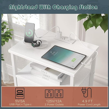 sthmec Nightstand with Charging Station,LED White Nightstands with 5 Fabric Drawers PU Finish, Bedside End Tables, 2-Tier Open Storage Shelf Side Table Nightstand with Drawers for Bedroom,White