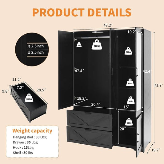 Armoire Wardrobe Closet with 3 Door, Bedroom Armoire with Mirror, LED Light, Hanging Rod, Drawers,Adjustable Shelves,Large Capacity Closet for Bedroom,47.2L,Black
