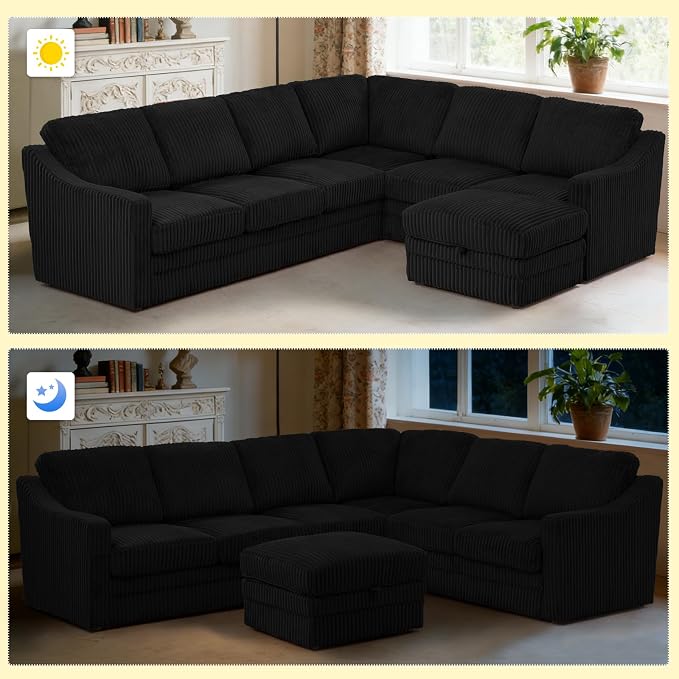 115 Inches Corduroy Sectional Sofa with Storage Ottoman, Modern 7 Seats Corner Couch with Deep Seat, Comfy Modular U Shaped Couch with Comfortable Cushions for Living Room, Black