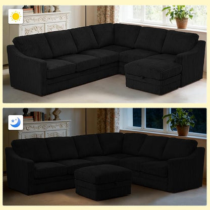 115 Inches Corduroy Sectional Sofa with Storage Ottoman, Modern 7 Seats Corner Couch with Deep Seat, Comfy Modular U Shaped Couch with Comfortable Cushions for Living Room, Black