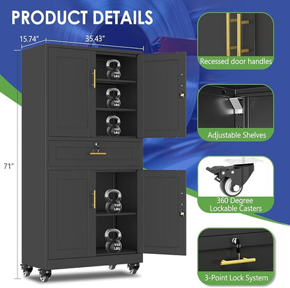 71" Metal Garage Storage Cabinet with Wheels and Locking Doors | Tall Rolling Steel Tool Cabinet with 3 Adjustable Shelves for Garage,Home Office(Black, 71" H x 35.43W x 15.74" D)
