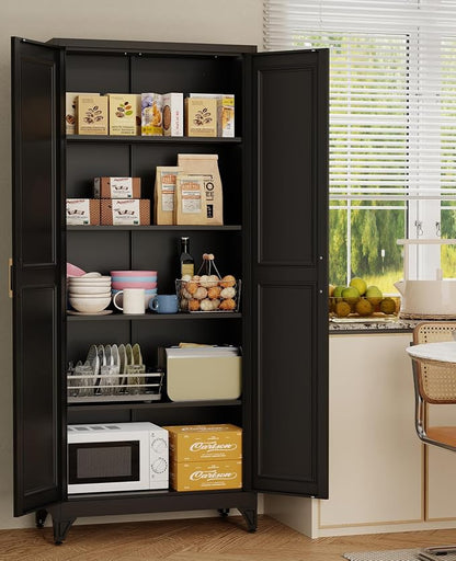 75" Tall Black Metal Storage Cabinet with 2 Doors and 4 Adjustable Shelves, Heavy Duty Steel Pantry Cabinet for Garage, Home Office, Kitchen and Laundry Room, Freestanding Utility Cupboard
