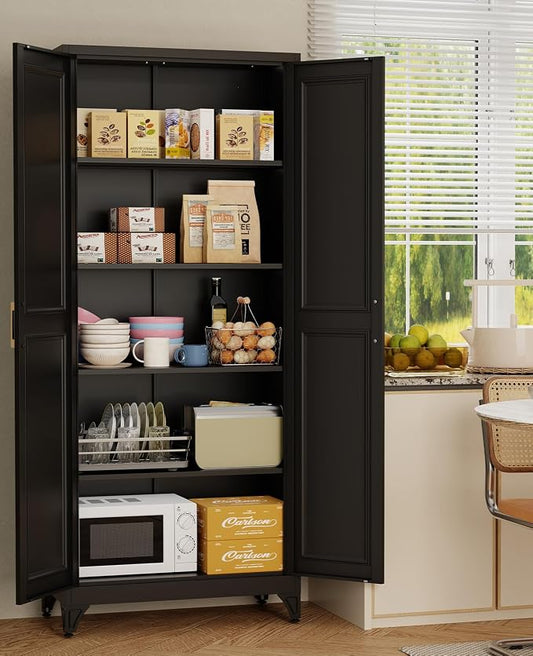 75" Tall Black Metal Storage Cabinet with 2 Doors and 4 Adjustable Shelves, Heavy Duty Steel Pantry Cabinet for Garage, Home Office, Kitchen and Laundry Room, Freestanding Utility Cupboard