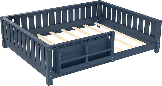 Bellemave Full Size Floor Bed with Slats and Guardrails, Full Size Montessori Floor Bed with Bookcase and Fence, Low Profile Montessori Beds for Kids, Blue Floor Beds Frame