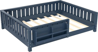 Bellemave Full Size Montessori Floor Bed with Slats and Fence, Full Size Montessori Bed with Rails and Bookcase, Easy Assemble Floor Beds Frame,Blue