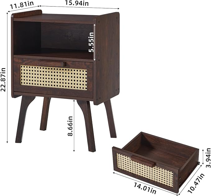 Lerliuo Rattan Nightstands Set of 2, Bedside Table with Drawer Open Shelf, Cane Accent Side End Table with Solid Wood Legs, Walnut Vintage Night Stand for Bedroom, Dorm and Small Spaces