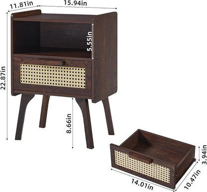 Lerliuo Rattan Nightstands Set of 2, Bedside Table with Drawer Open Shelf, Cane Accent Side End Table with Solid Wood Legs, Walnut Vintage Night Stand for Bedroom, Dorm and Small Spaces