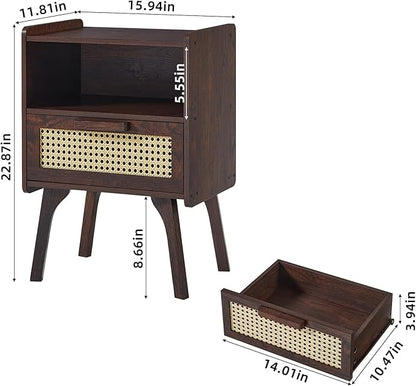 Lerliuo Rattan Nightstand, Bedside Table with Drawer Open Shelf, Cane Accent Side End Table with Solid Wood Legs, Walnut Vintage Night Stand for Bedroom, Dorm and Small Spaces