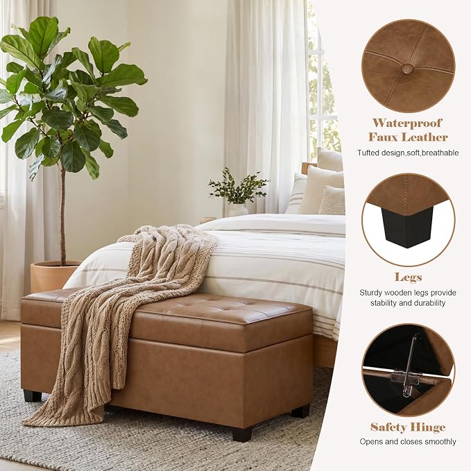 Asense 40" Storage Ottoman Bench, Faux Leather Tufted Upholstered End of Bed Bench with Safety Hinge for Bedroom,Entryway,Living Room,Caramel Brown