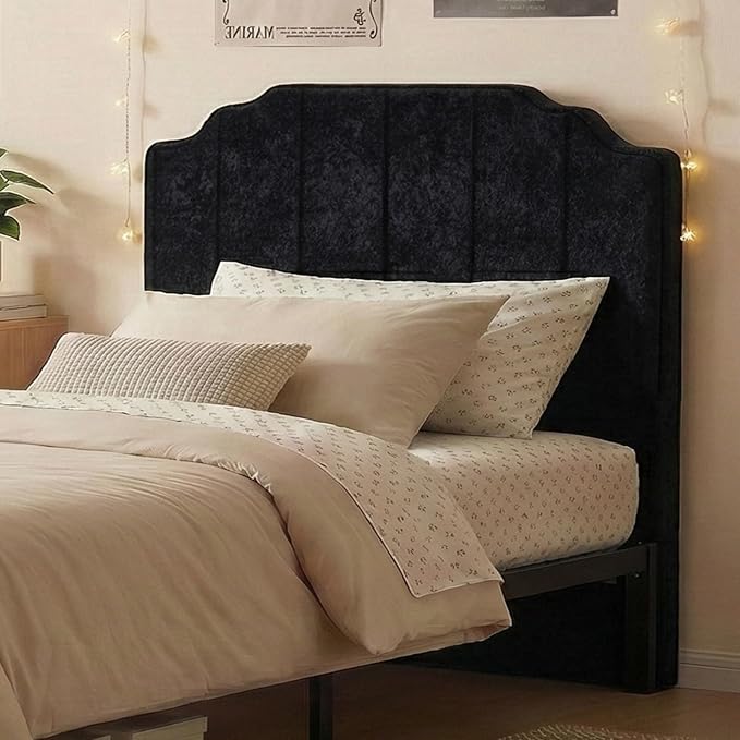 Twin Headboard Only - Black Velvet Upholstered Headboard for Bed, No Assembly Required, Pure Sponge Design, Comfort Head Board, Place Between Bed & Wall, Vertical Stripe with Stepped Crown Top Edge