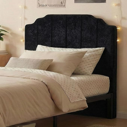 Twin Headboard Only - Black Velvet Upholstered Headboard for Bed, No Assembly Required, Pure Sponge Design, Comfort Head Board, Place Between Bed & Wall, Vertical Stripe with Stepped Crown Top Edge