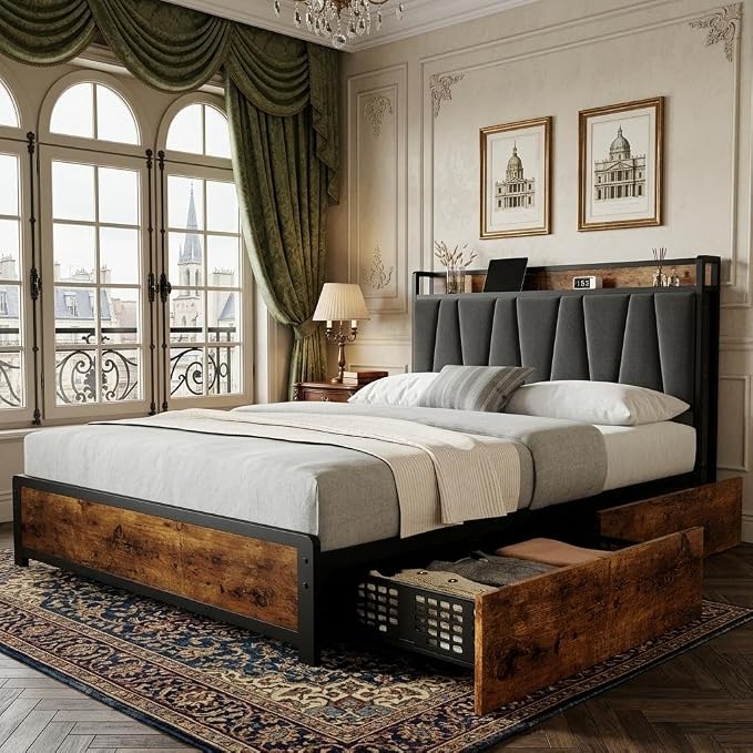 GarveeHome Queen Size Bed Frame with Storage Linen Upholstered Headboard, 4 Drawers Platform Bed Frame with Charging Station, No Box Spring Needed, Easy Assembly, Rustic Brown