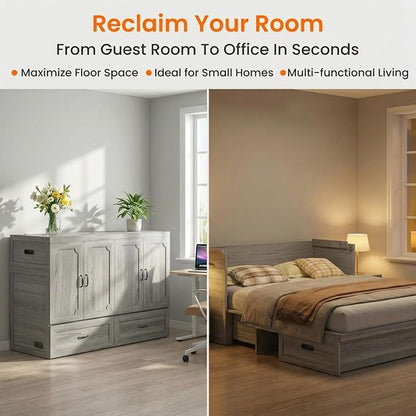 CECER Queen Murphy Bed with Mattress for Small Space/Guest-Grey | Large Storage Drawer ＆ Built-in Multi-Port Charging Station，Space Saving ＆ Easy Assemble and Conversion