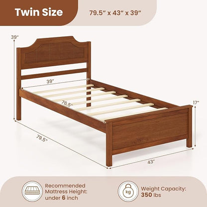 Giantex Twin Size Wooden Bed Frame with Headboard, Wood Slat Support | Farmhouse Platform Bed with Heavy Duty Mattress Foundation, Under-Bed Storage, No Box Spring Needed, Easy Assembly (Walnut)