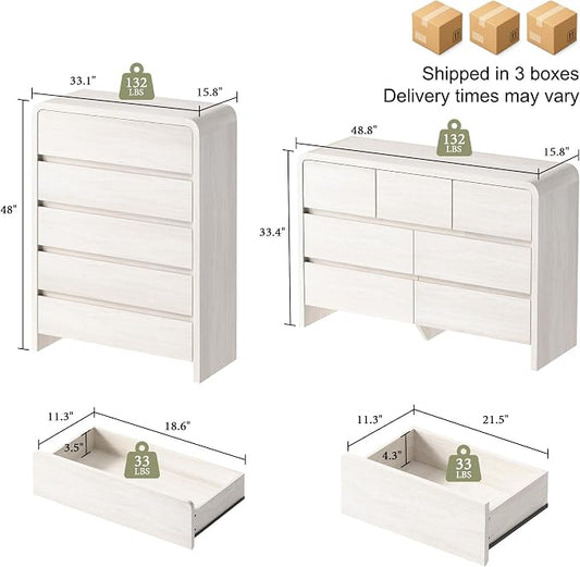 Modern 4-Piece Bedroom Furniture Set with 5-Drawer Dresser, 7-Drawer Dresser and 2 Nightstands, Large Storage Capacity, Rounded Corners, Flexible Combination Design, Anti-Tip Kit Included, White