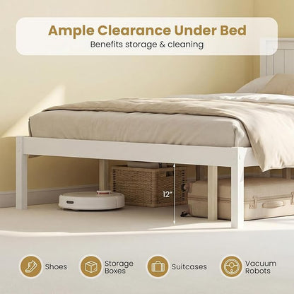 Giantex Queen Wood Platform Bed Frame with Headboard, Mid Century Queen Bed Frame with Wood Slat Support, Solid Wood Foundation with 16" Under Bed Storage, No Box Spring Needed, Easy Assembly (White)