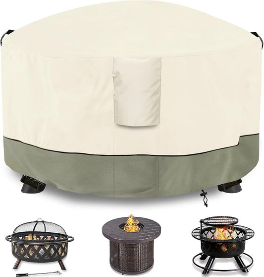 Fire Pit Cover,Outdoor Heavy Duty 600D 100% Waterproof Fire Pit Cover Round,Weatherproof Firepit Covers Round 40" Dia x 20" H,Beige