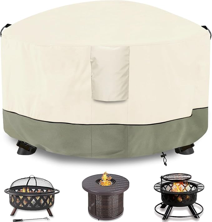 Fire Pit Cover,Outdoor Heavy Duty 600D 100% Waterproof Fire Pit Cover Round,Weatherproof Firepit Covers Round 32" Dia x 24" H,Beige