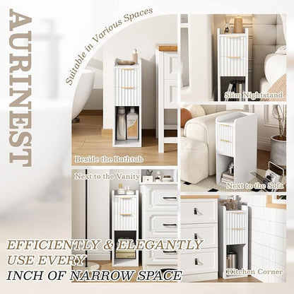 Narrow Nightstand Set of 2, 7.9" Wood Nightstands w/Fluted 2 Drawer, Slim Bed Side End Table Small Spaces Modern Skinny Wooden Night Stand for Bedroom, Living Room, White