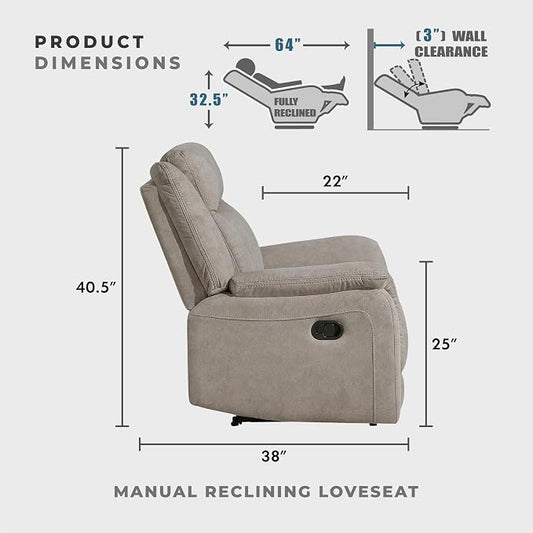 Lexicon Manual Double Reclining Loveseat, Polished Microfiber Manual Wall Hugger Loveseat Recliner for Living Room, Center Storage Console/Cup Holders, Easy Assembly, Dove
