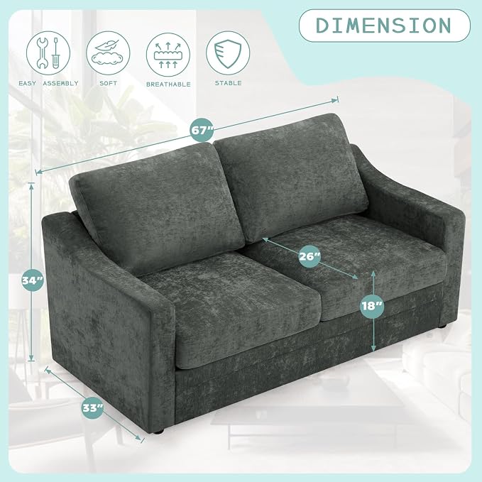 67” Chenille Loveseat Sofa w/Comfortable Back Cushions, Grey | Modern 2-Seat Couch w/Deep Seat Space, Upholstered 2 Seaters Sofa w/High Resiliency Foam for Living Room