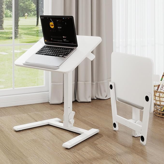 PUNCIA 25" Mobile Folding Desk, No Assembly Required Pneumatic Sit-Stand | Adjustable Height Laptop Table, 0-90° Tilt Top Computer Cart for Home Office, Small Space, Bedroom and Dorm, White