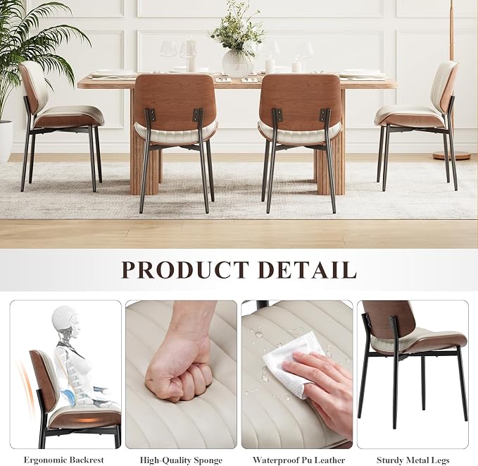 MALOL Leather Dining Chairs Set of 2, Modern Upholstered Dining Room Kitchen Chairs with Metal Legs and Wooden Back Support for Home Dining Room/Restaurant, Beige