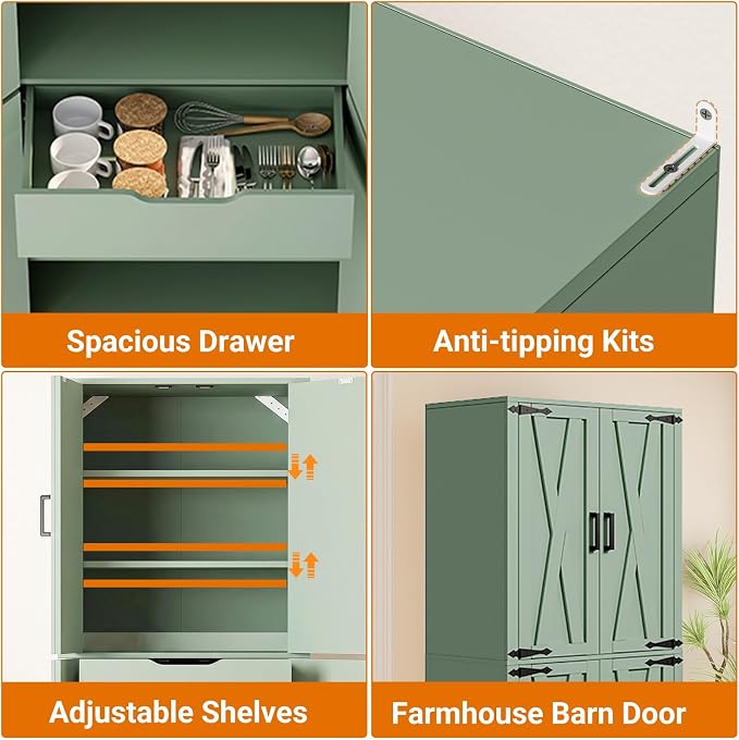 Unikito 71" Tall Kitchen Pantry Storage Cabinet with Farmhouse Barn Doors and Storage Drawer, 4 Adjustable Shelves, Freestanding Cupboard for Dining Room, Living Room, Utility Room, Green