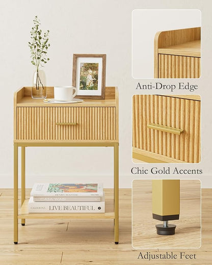 Nightstand, 3-Tier Bed Side Table, Small End Table, Night Stand with Open Shelf and Drawer, Bedside Table for Bedroom, Living Room, Oak