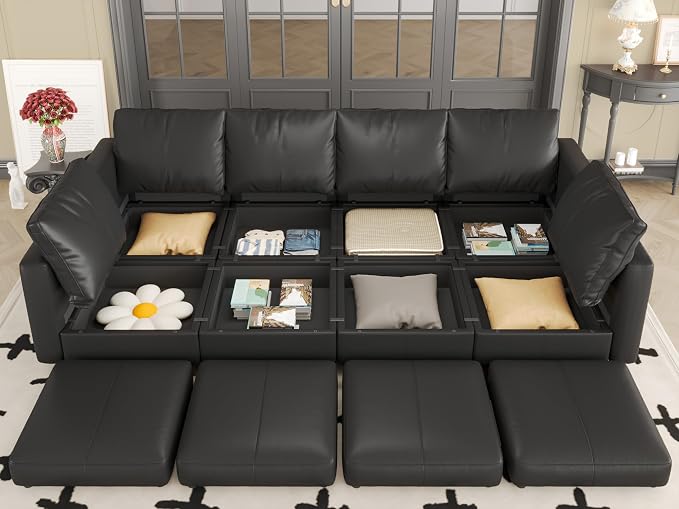 EASE MOOSE Faux Leather Sectional Couch with Storage,Black Sleeper Faux Leather Modualr Sofa Couch