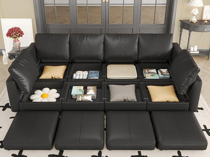 EASE MOOSE Faux Leather Sectional Couch with Storage,Black Sleeper Faux Leather Modualr Sofa Couch