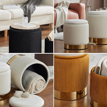 Round Ottoman with Storage Set of 2 Upholstered Velvet Vanity Stool, Small Ottoman Coffee Table, Removable Lid, for Living Room, Bedroom, Hallway, Assembly Free (Yellow with Bottom Gold)