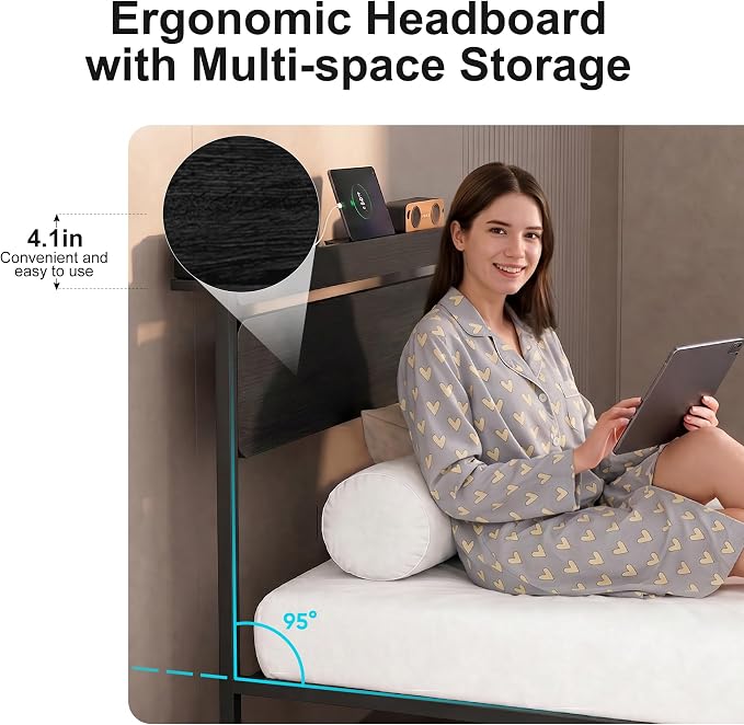 Twin Bed Frames with Drawers, Platform Bed with LED Lights & Charging Station, Wood Headboard, Strong Metal Slats Support, No Box Spring Needed, Noise Free, Easy Assembly