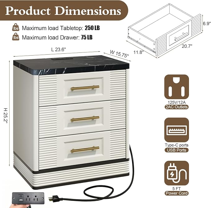 RECHHX 3 Drawer Dresser for Bedroom, 25.6" Tall Nightstand with Charging Station, Farmhouse 23.6" Wide End Table, Thermoformed Curved Small Chest of Drawers for Bedroom, Living Room, White