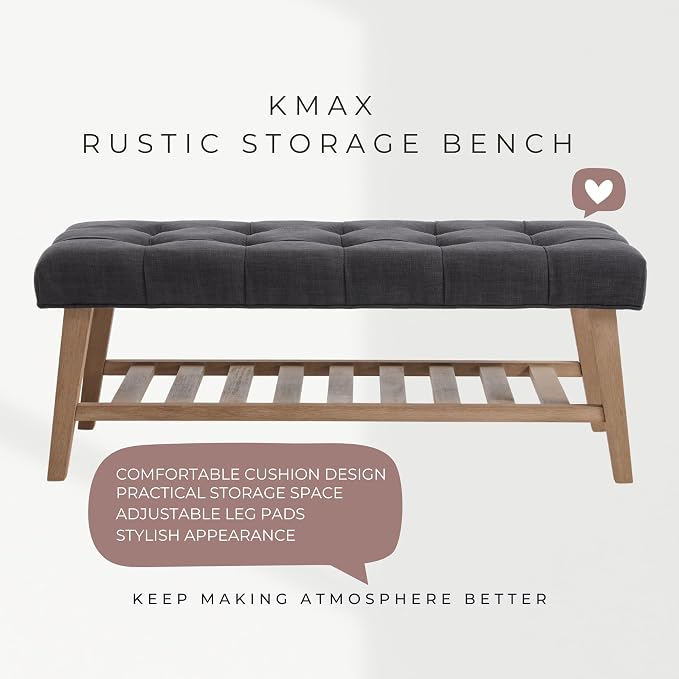 Kmax Entryway Bench with Shoe Storage, Fabric Upholstered Tufted Wood Storage Bench for Living Room Window Bench for Bedroom End of Bed - Linen, Charcoal
