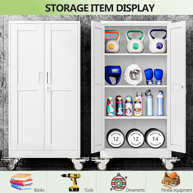 Metal Garage Storage Cabinet, 75”Tall Rolling Utility Cabinet White | storage system with Wheels, Lock, 5 Adjustable Shelves, Heavy Duty Steel Tool Locker for Home Office, Utility Room, Gym